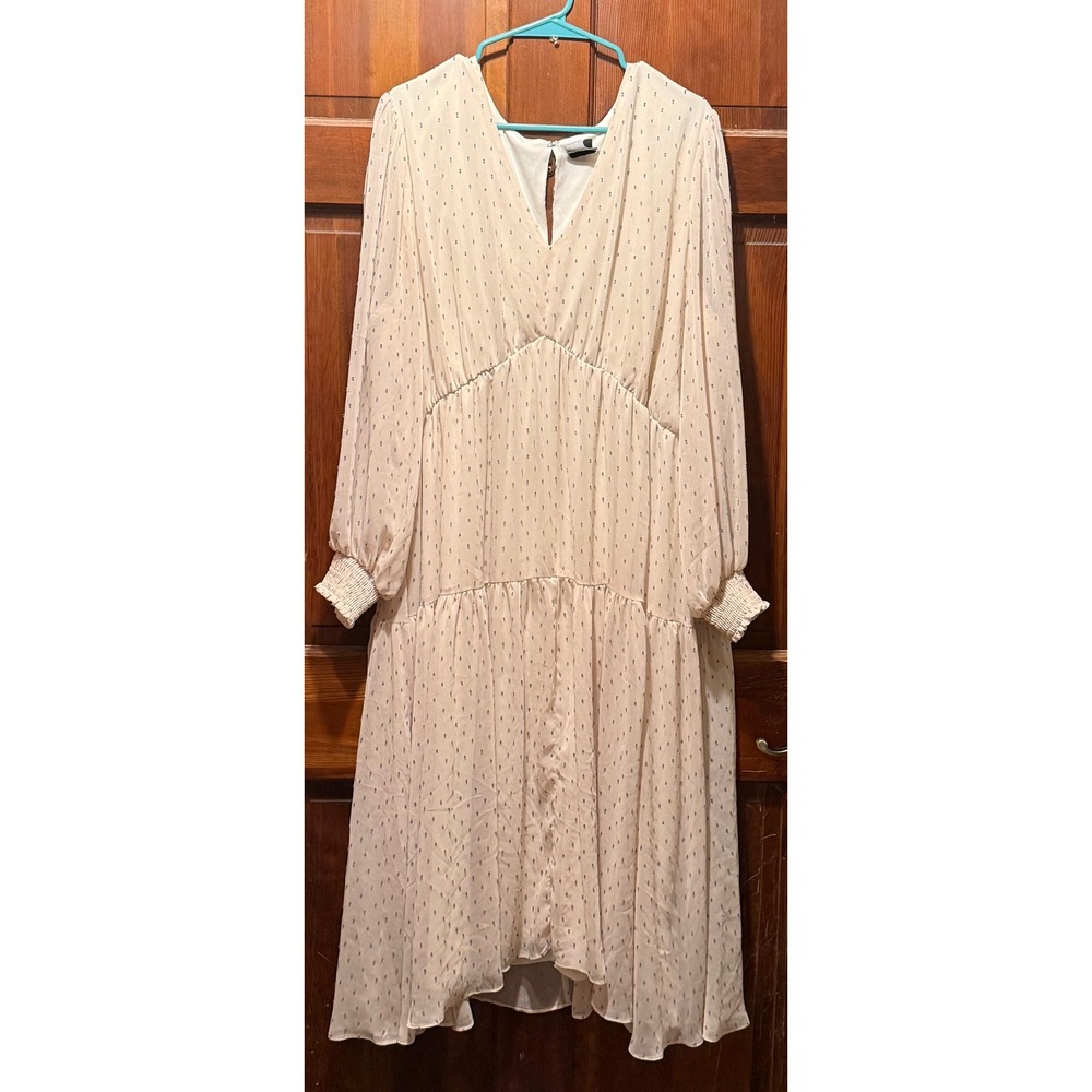 Maison Tara Cream Metallic Clip Dot Tiered Midi Dress V-Neck Long Sleeve 18W